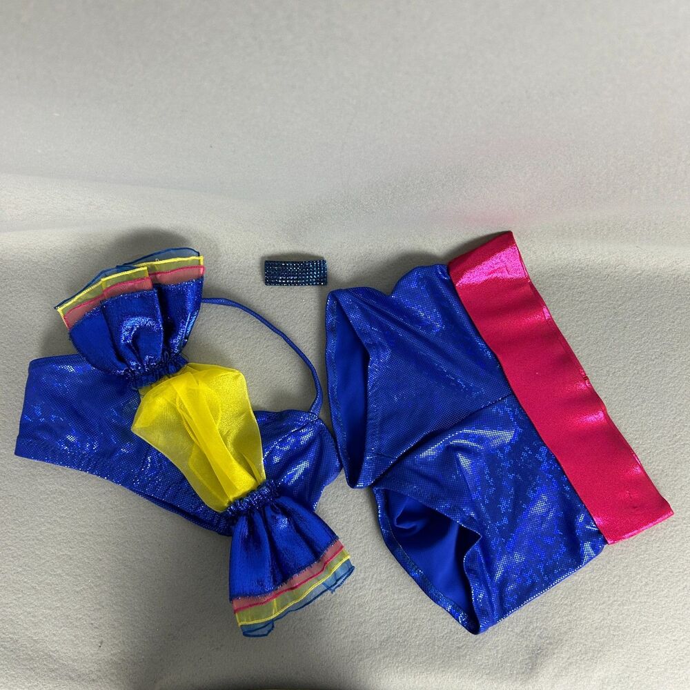 Mara Jazz Dance Set Adult Medium Blue Pink Metallic Costume Shorts Top Barrette